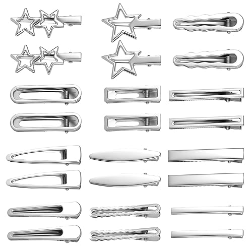 24 PCS Y2k Hair Clips Silver Hair Clips for Women, 12 Shapes Metal Silver Hair Accessories for Girls Star Hairclips Metal Barrettes Alligator Clips for Hair Styling Star Hairpin Cool Hairpin Set