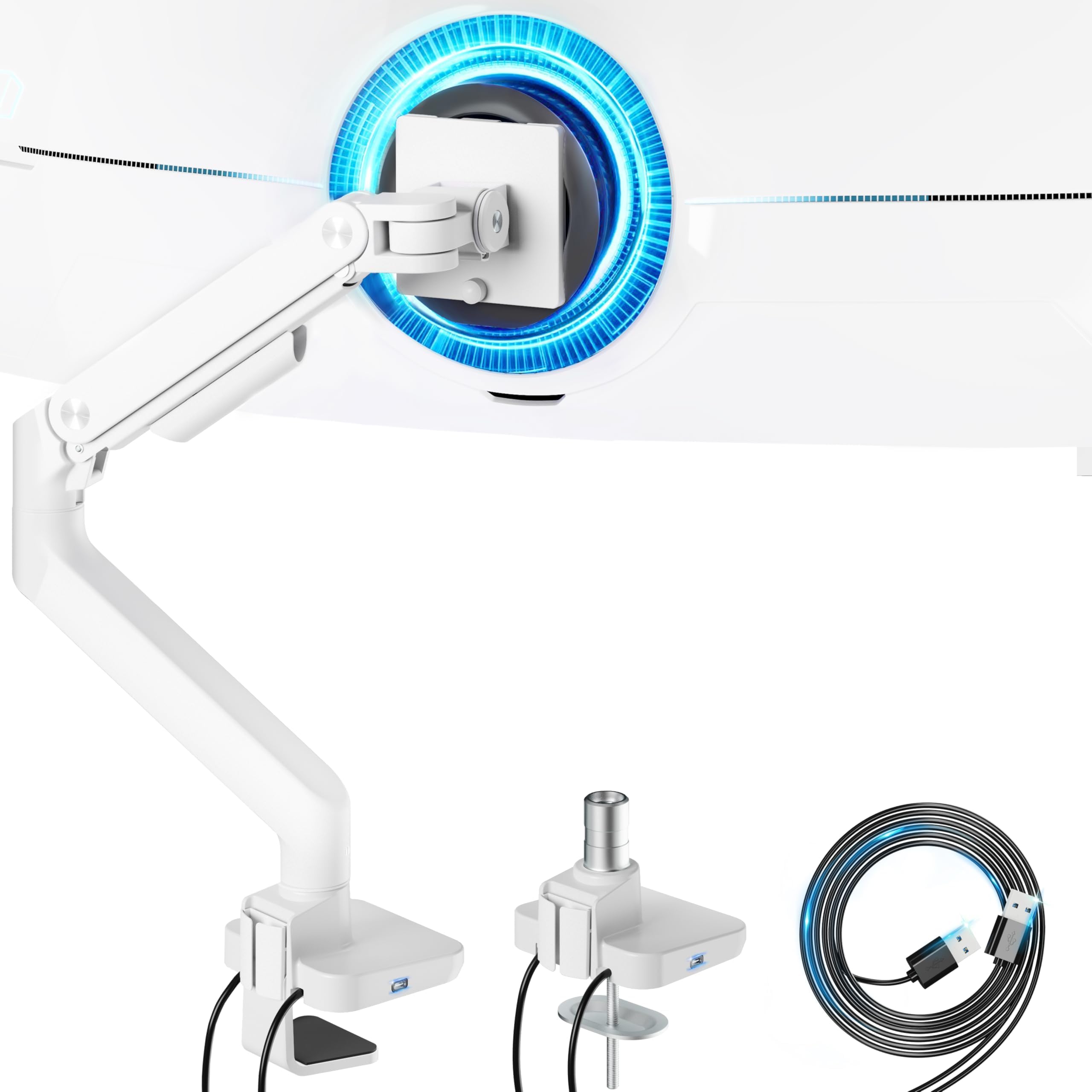 ARES WING Single Ultrawide Monitor Mount with USB A/C, Heavy Duty Monitor Arm for 17 to 49 inch Screen, Holds 44 lbs, Adjustable Gas Spring Arm Desk Mount with Clamp and Grommet Base, White