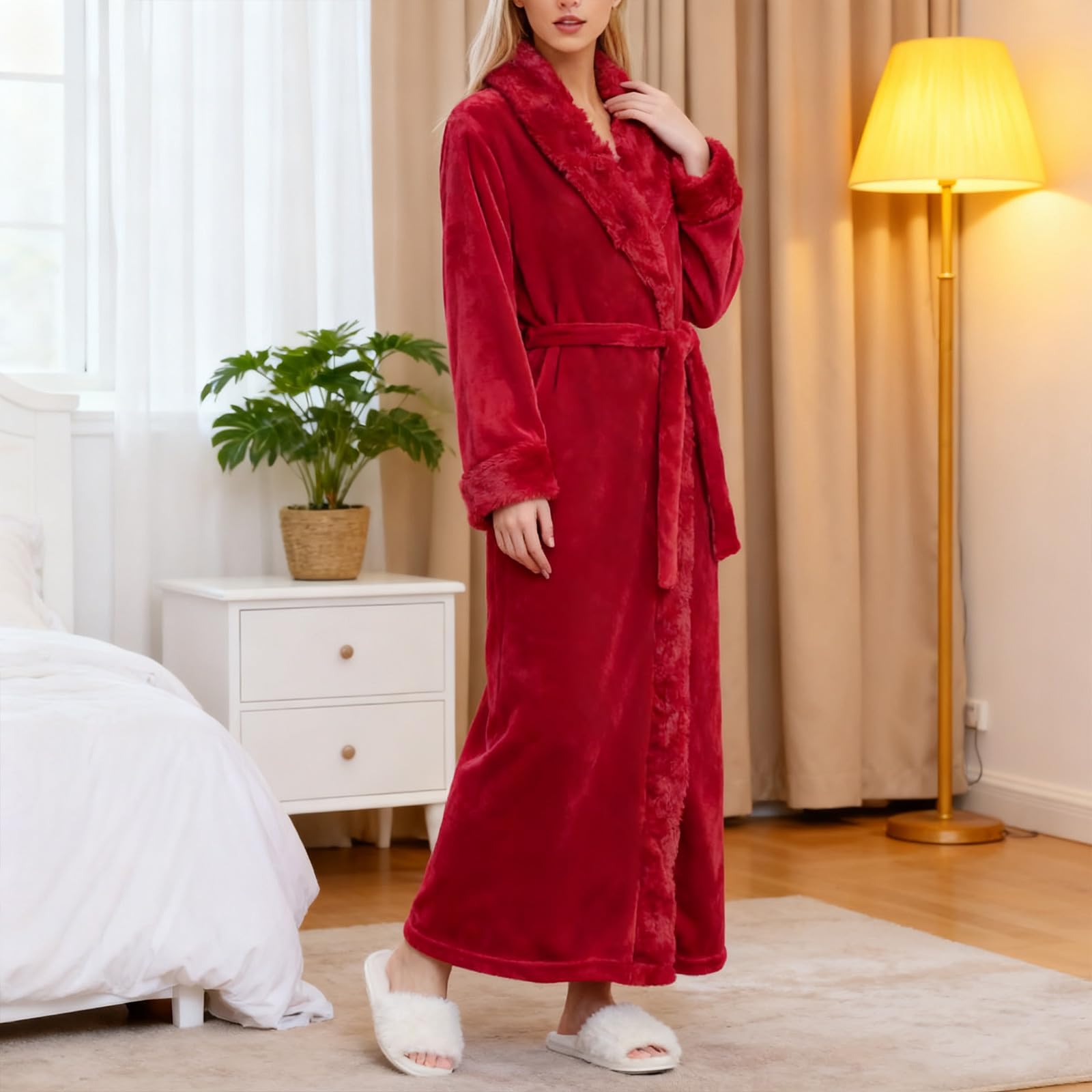 Generisch Flauschiger Damen Flanell Bademantel Mit Schalkragen Wärmender Morgenmantel Winterlicher Hausmantel Gemütliches Schlafgewand Für Kalte Nächte