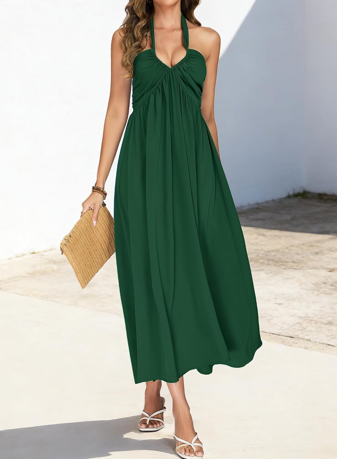 Maxi Dresses for Women Sexy Halter V Neck Backless Smocked High Waisted A Line Beach Vacation Sundress image 4