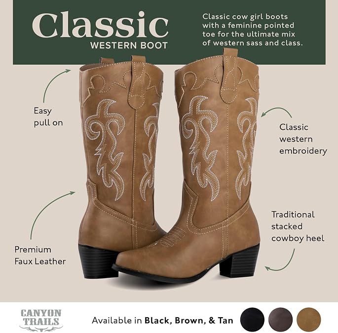 Women's Rodeo Boots - Classic Western Booties for Women & Teen Girls, Black, Mid-Calf, Faux Leather, Memory Foam Insole, Cowboy Boots