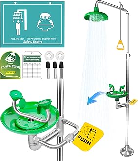 Huanyu 2 in 1 Emergency Eyewash Station & Shower 304 Stanless Steel Eye Washer for Washing Showering Equipment Combination Emergency Rescue Supply with ABS Basin(1102-1)