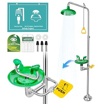 Huanyu Emergency Shower and Eyewash Station Safety Shower Eye Wash Station 304 Stainless Steel Commercial Eye Wash Kit with Emergency Sign Hospital Factory 1104