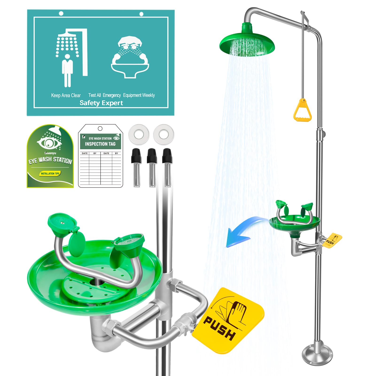 Huanyu Emergency Shower and Eyewash Station Safety Shower Eye Wash Station 304 Stainless Steel Commercial Eye Wash Kit with Emergency Sign Hospital Factory (1104)