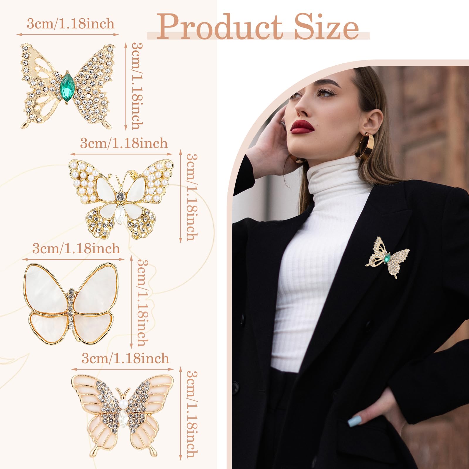 Andibro 4 Stück Schmetterlings Broschen für Damen,Strass Perlen Broschennadeln Modische Gold Broschen Anstecknadeln Elegant Schal Anstecknadel Clip Abzeichen Corsage Schmuck