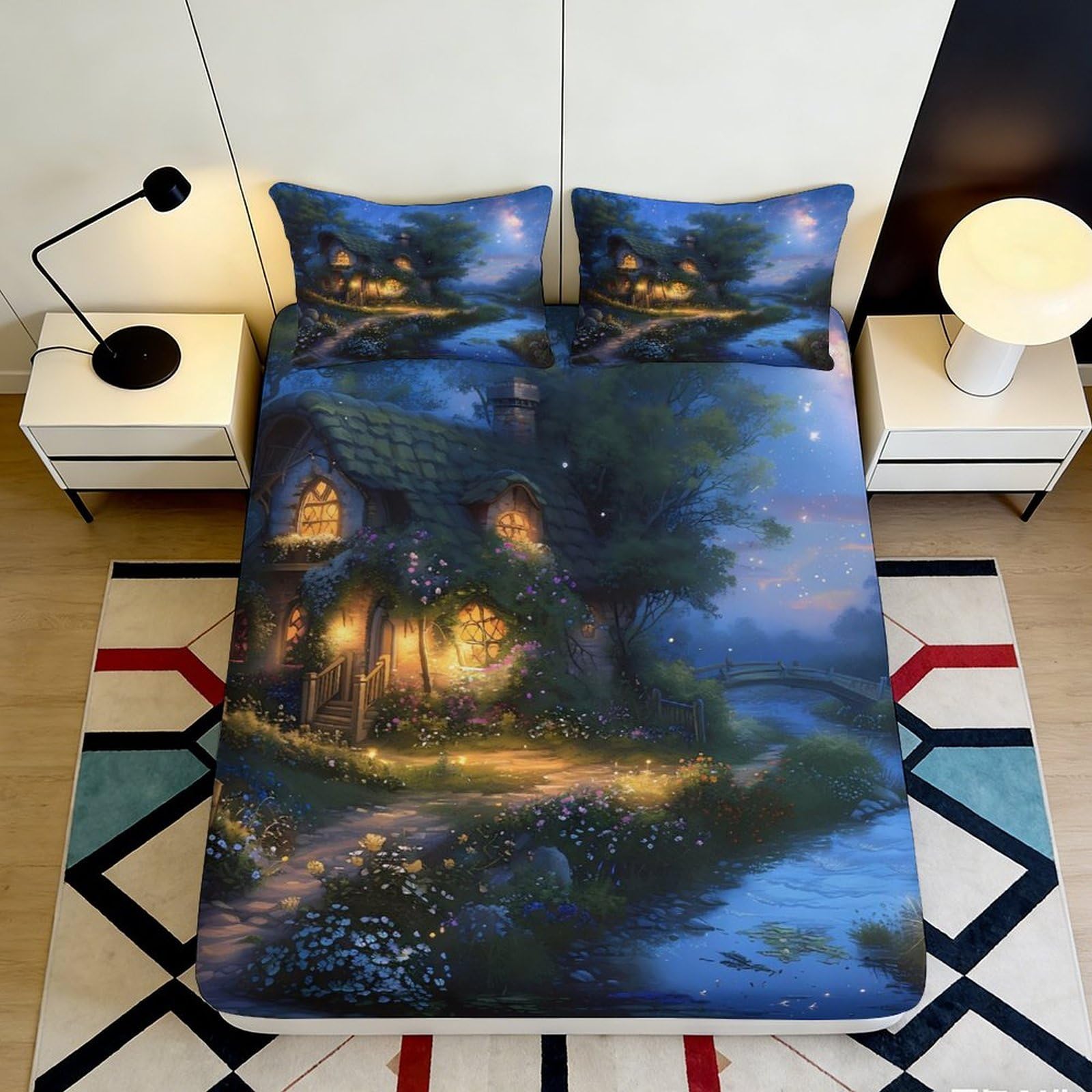 3D Printed Forest Cottage Fitted Sheet Microfiber Deep Pocket Bedroom Bedding Miniature Mattress Fitted Cover Elastic Hem 140x200x25cm