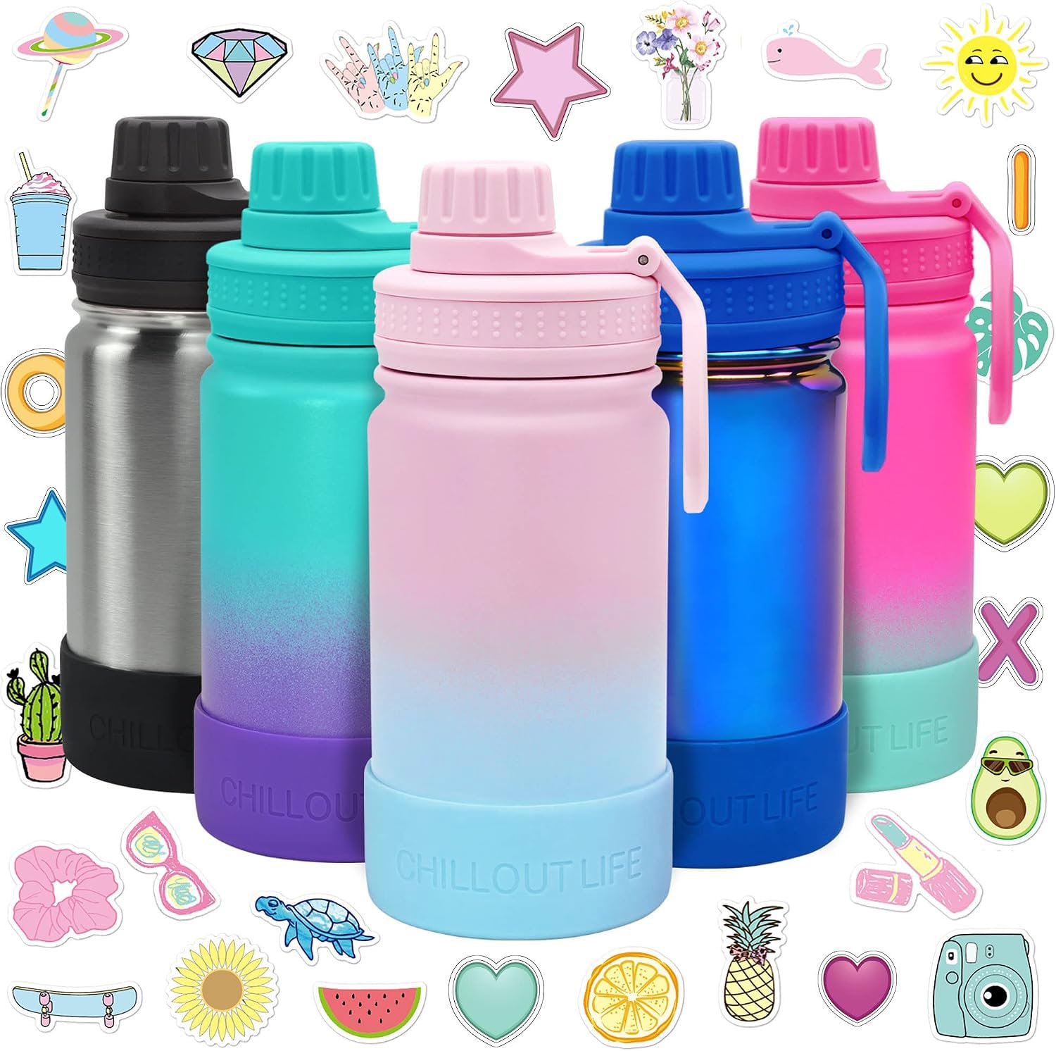 CHILLOUT LIFE Botella de agua aislada para niños de 12 onzas para la escuela con tapa de boquilla a prueba de fugas y bonitas calcomanías impermeables, termo personalizado de acero inoxidable, botella
