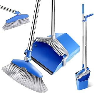 Almcmy Broom and Dustpan Set, Upright Standing Dustpan and Broom with Long Handle, Dustpan with Angled Broom Combo for Home Kitchen Room Office Lobby