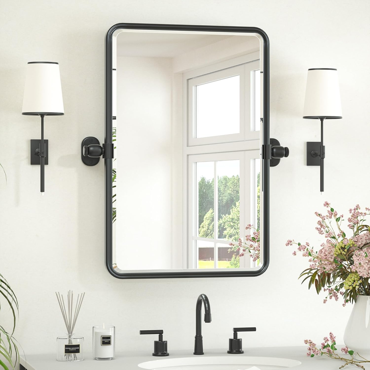 Keonjinn 16 x 24 In Small Pivot Mirror, Black Beveled Tilt Mirror Bathroom Rectangle, Adjustable Tilting Bathroom Mirror for Over Sink, Modern Fixed Bracket Framed Vanity Mirrors (Horizontal/Vertical) Black 16x24 Inch