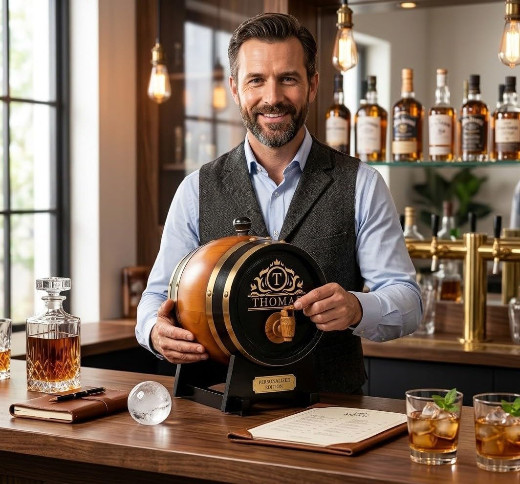 Personalized Wooden Whiskey Barrel – Custom Bourbon Cask with Name/Initial, Mini Aging Barrel with Resin Spigot, Gift for Men Dad Husband Fathers' Day