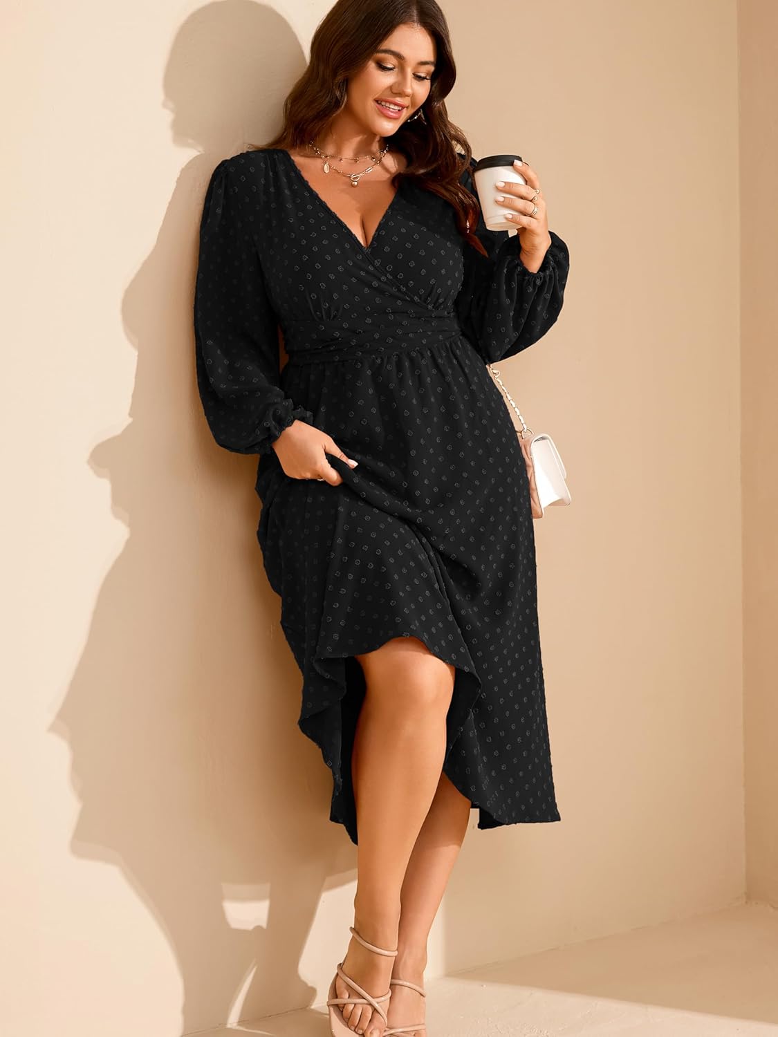 RWJ Women's Plus Size Fall Wedding Guest Dress Wrap V Neck Swiss Dot Lantern Long Sleeve Swing Boho Casual Dresses - Image 3