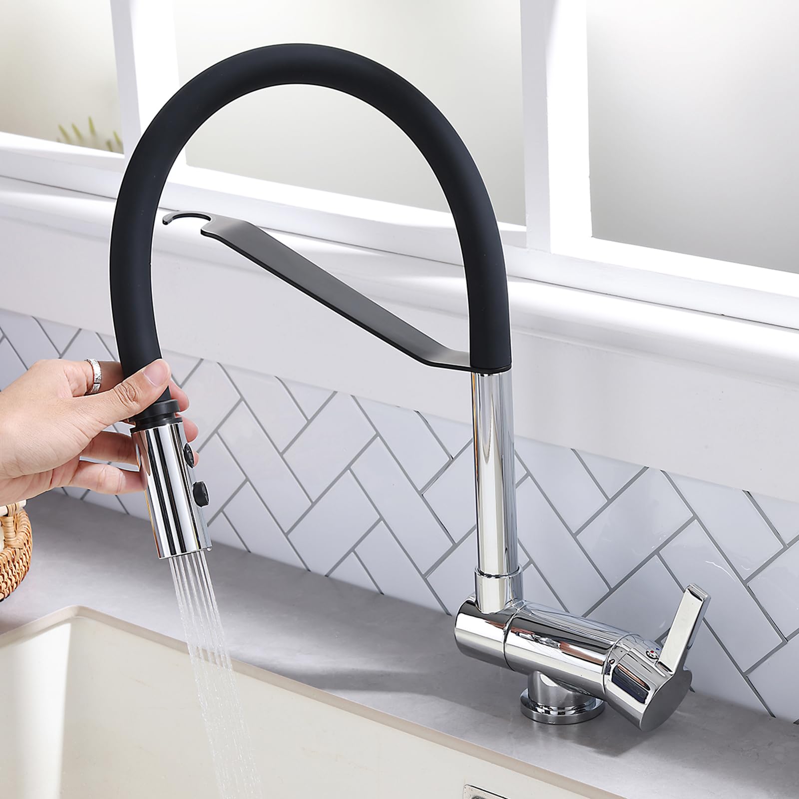 ZYCHSJXA Chrome Kitchen Taps with Pull Out Spray 2 Modes Folding Mixer Tap 360° Swivel Faucet