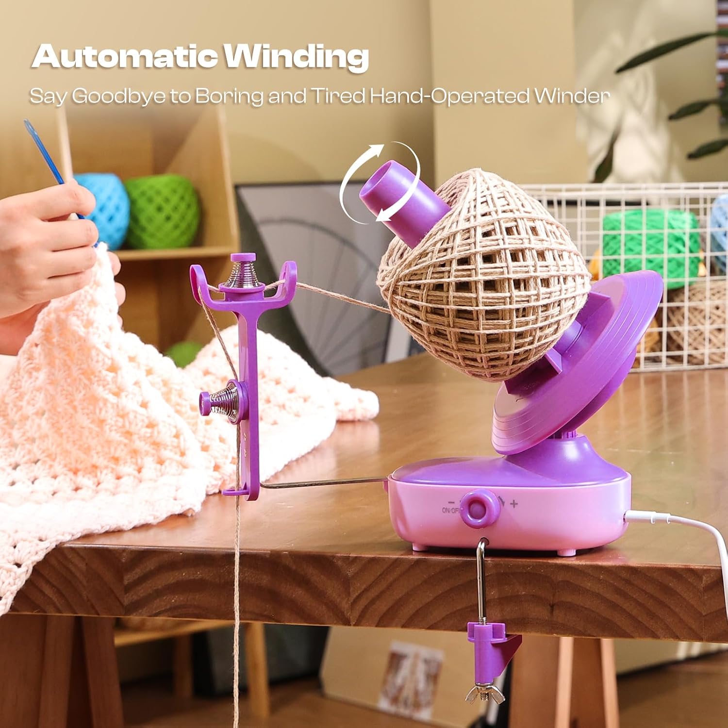 Caydo A1 Max Electric Yarn Winder, 10oz Large Automatic Ball Winder for Crocheting, Dual-Spring Strong Tension Stepless Speed Yarn Cake Spinner Organizer, Ideal Present for Crochet Lovers(Purple)