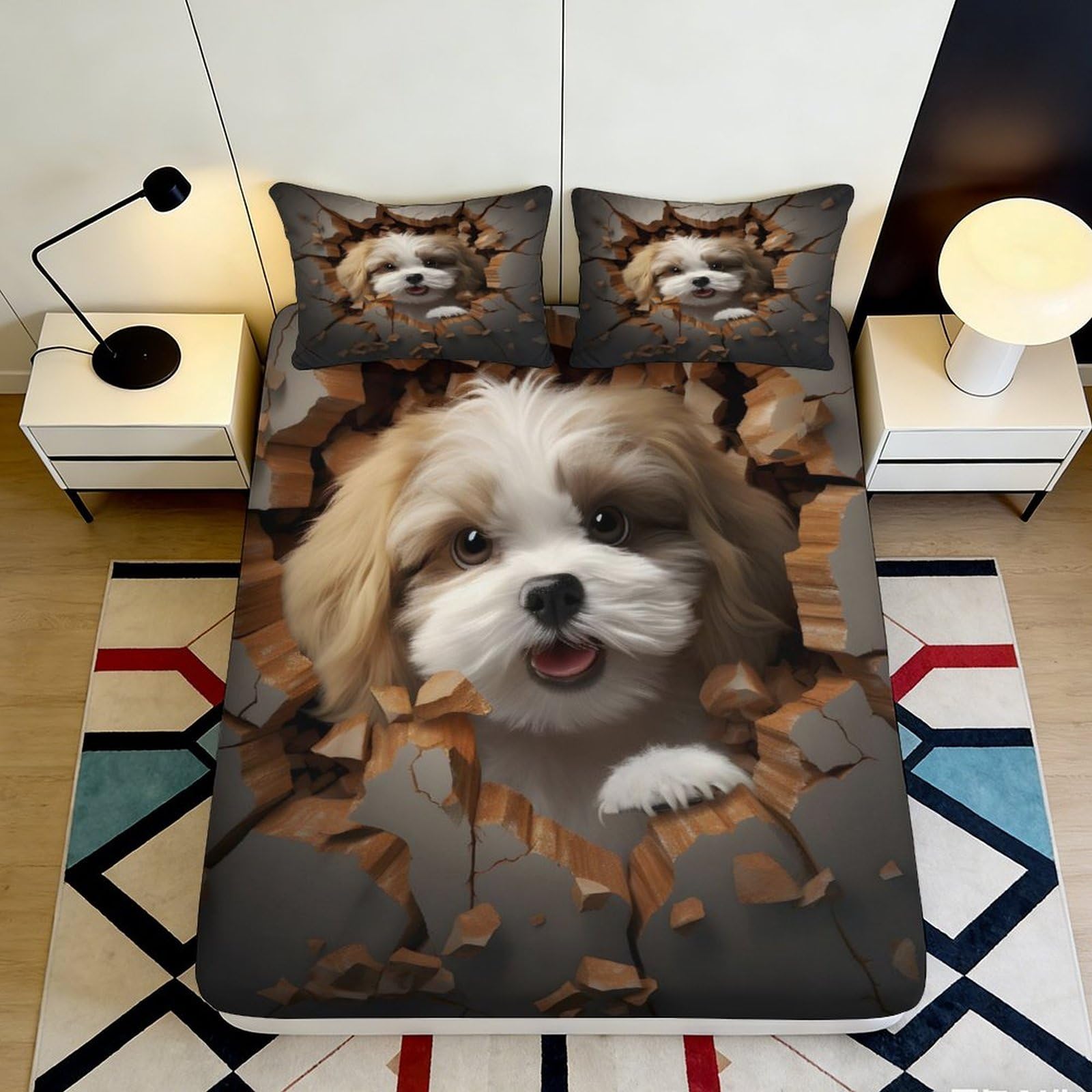 3D Printed Puppy Fitted Sheet Microfiber Deep Pocket Non-Slip Bedroom Bedding Puppy Mattress Fitted Cover Full Wrap Washable for Adults 200x200x25cm 90x200x25cm
