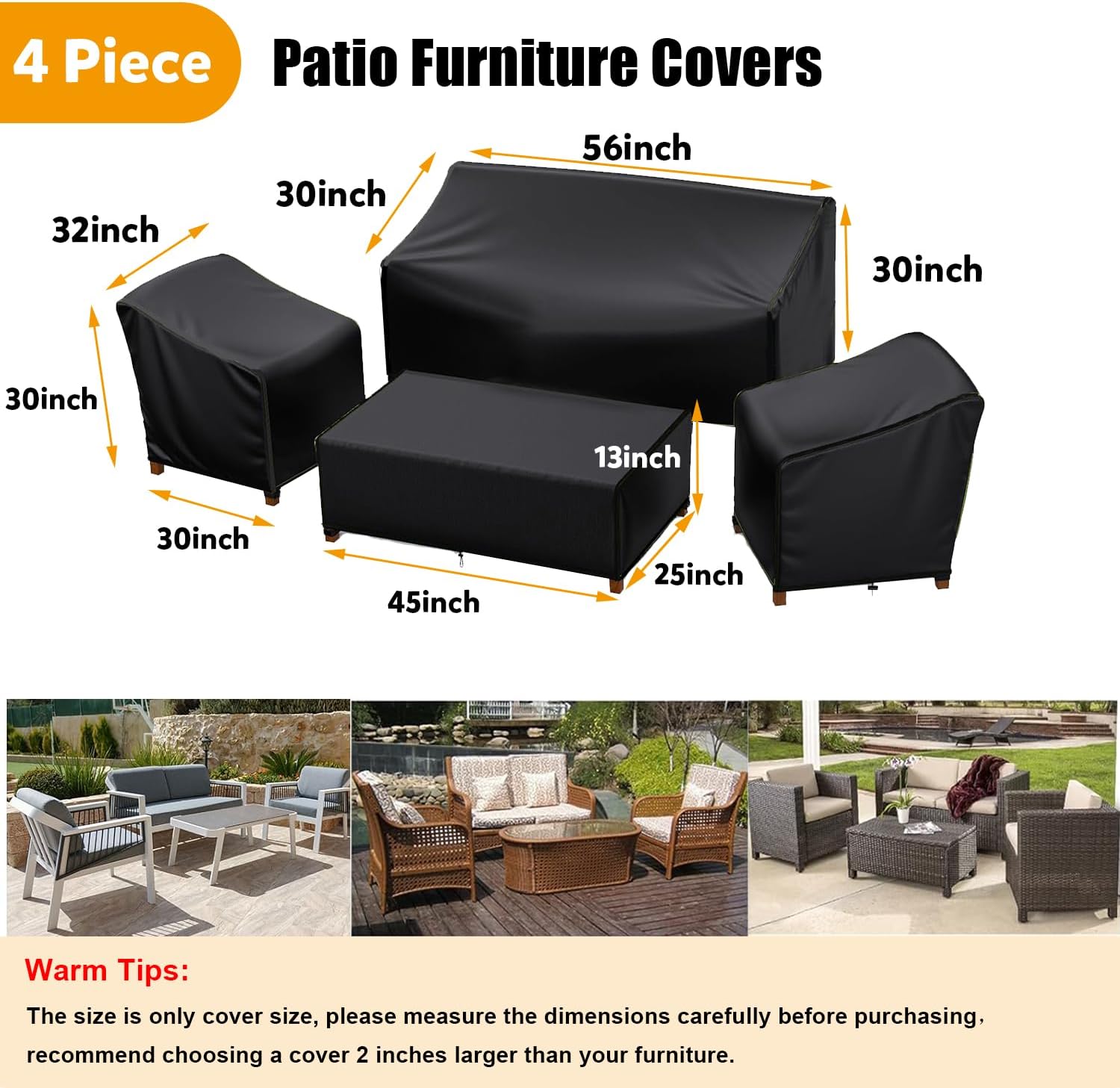 Patio Furniture Covers，Outdoor Furniture Cover Waterproof,4 Piece Patio Furniture Set Cover for Outside Couch, Lawn Chairs, Coffee Table, Windproof with Buckle Strap