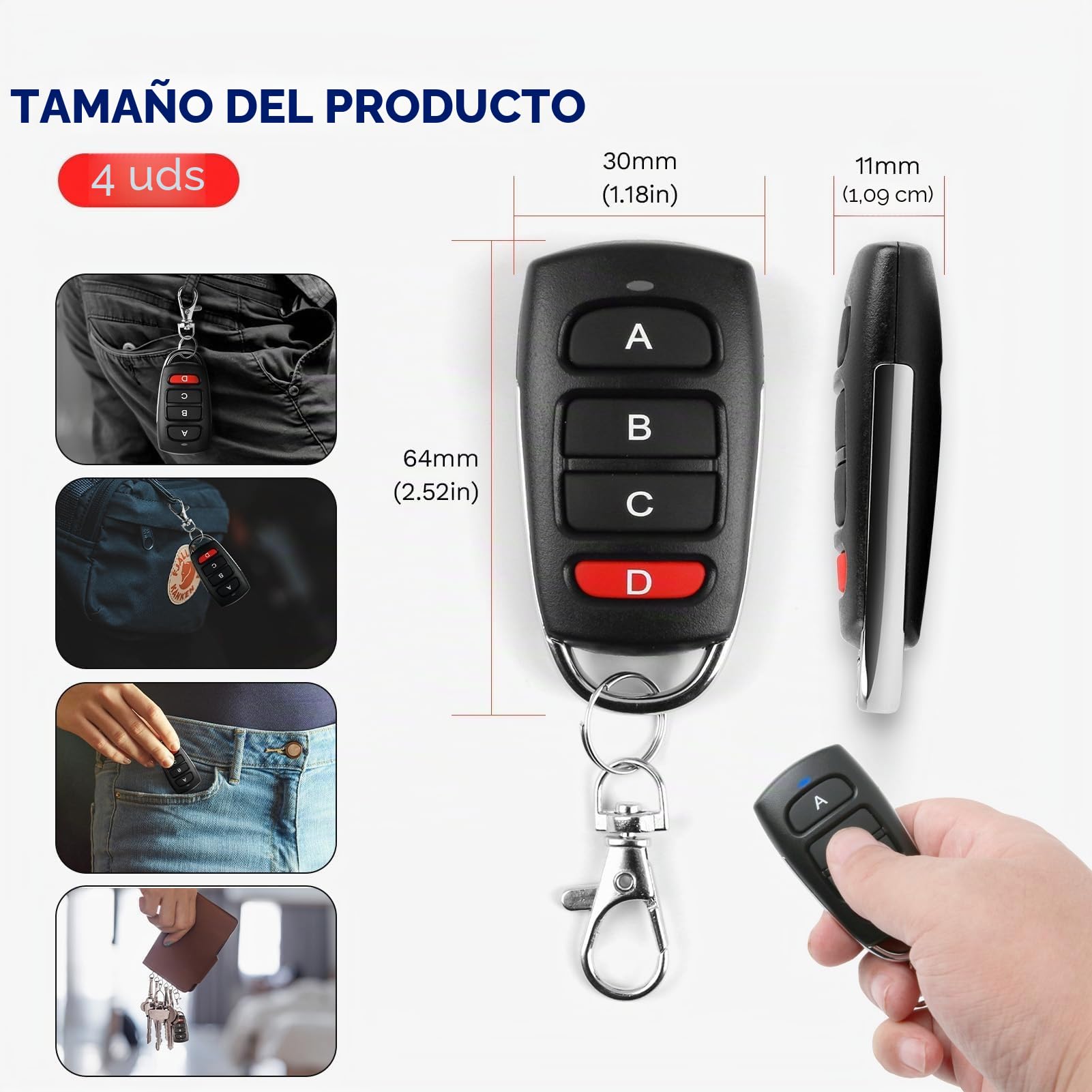4 Piezas Mandos Garaje Universales 433Mhz, Clonador Mando Garaje con 4 Botones, Mando a Distancia Garaje Inalámbrico Reemplazo, Duplicador Puerta Garaje Codigo Fijo para Puertas de Garaje y Cancelas