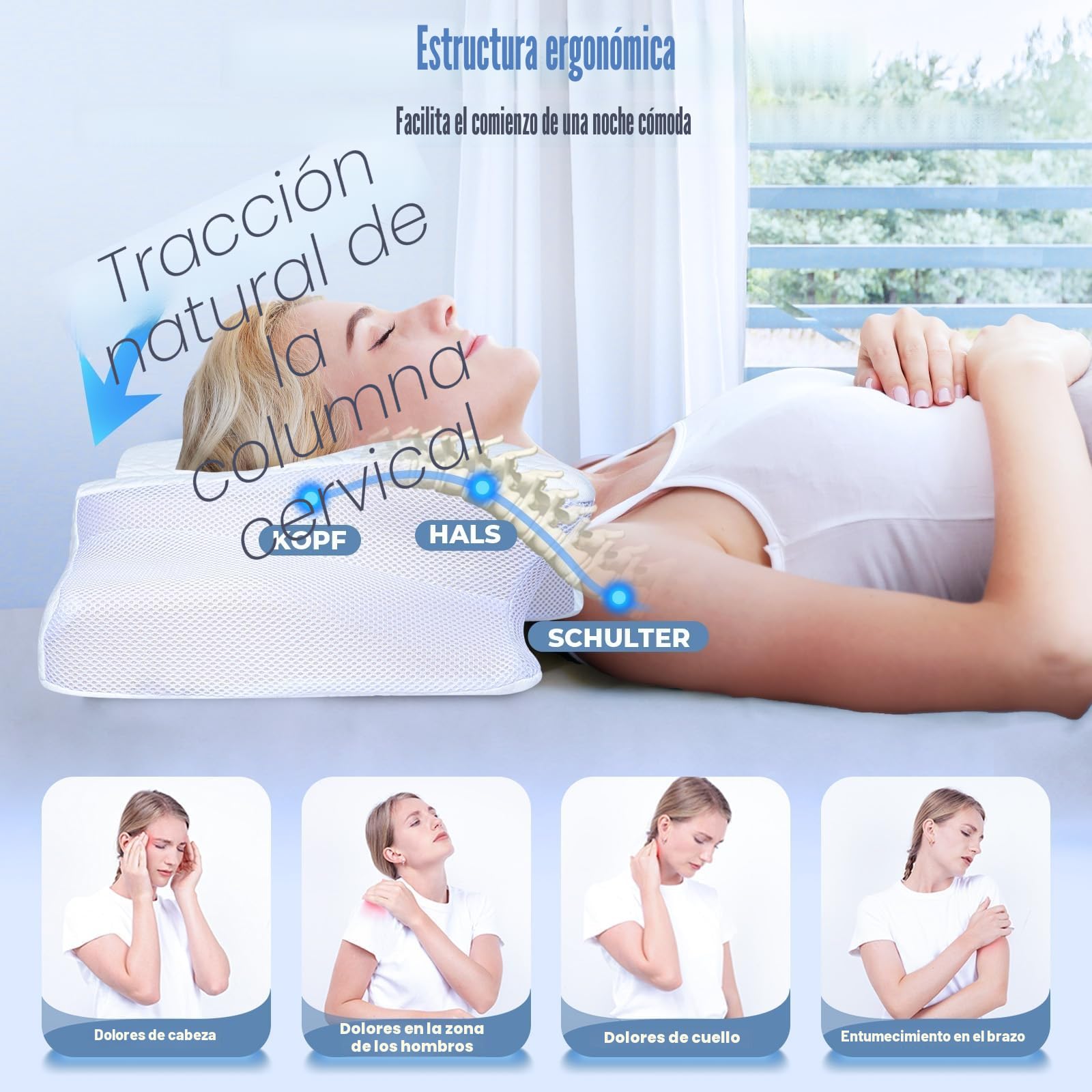 SAHEYER Almohada Cervical y Cuello, 2 en 1 Almohada Ergonómica Espuma Viscoelástica de Cabeza Cuello Hombro, Almohada Mariposa para Dormir de Lado, Boca Arriba y Boca Abajo, 60x35,5x13/10 cm, Blanco