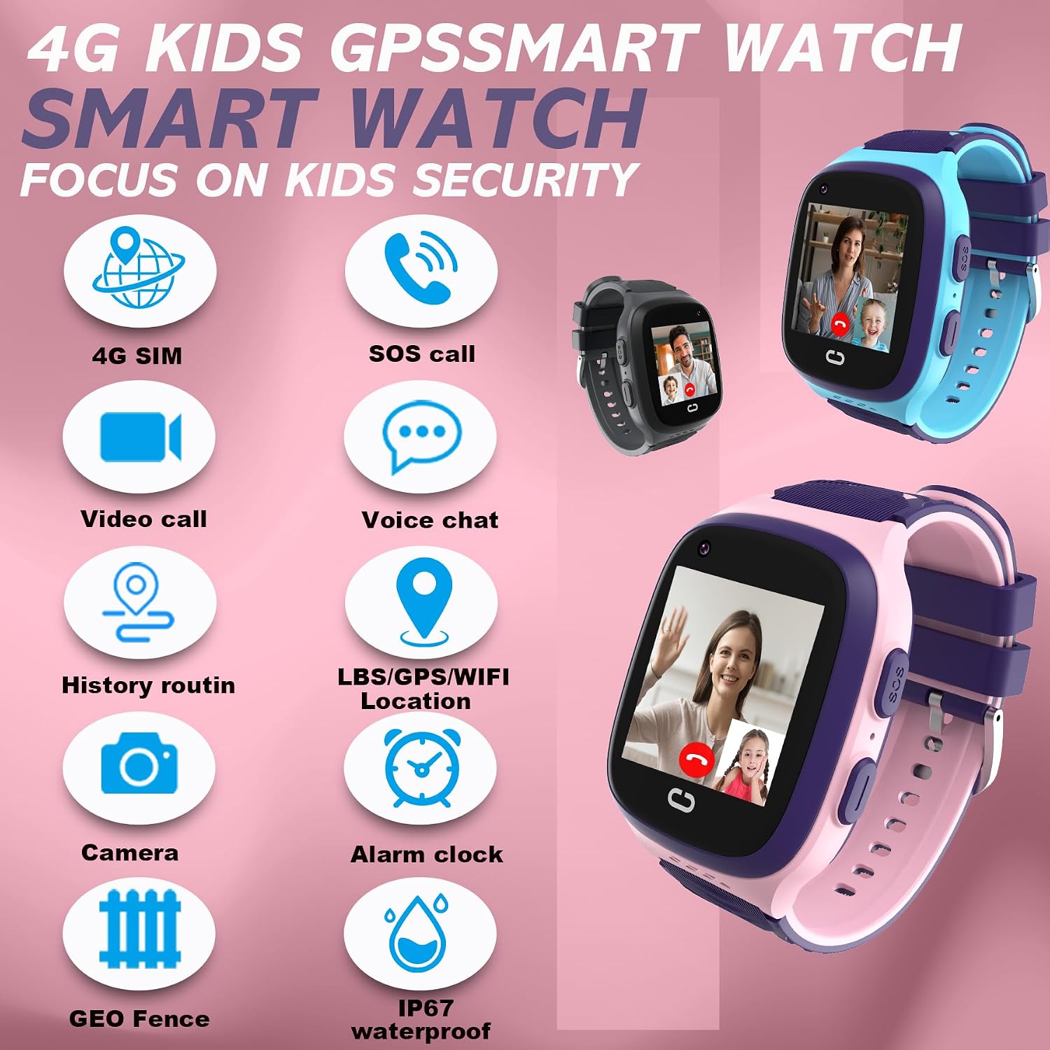 4G Kids Smart Watch Girls with GPS Tracker Location Video Call Cell Phone SOS Calling Voice Chat Camera Alarm Clock Touch Screen SmartWatch Gifts for Age 5-12 Girls (Pink)