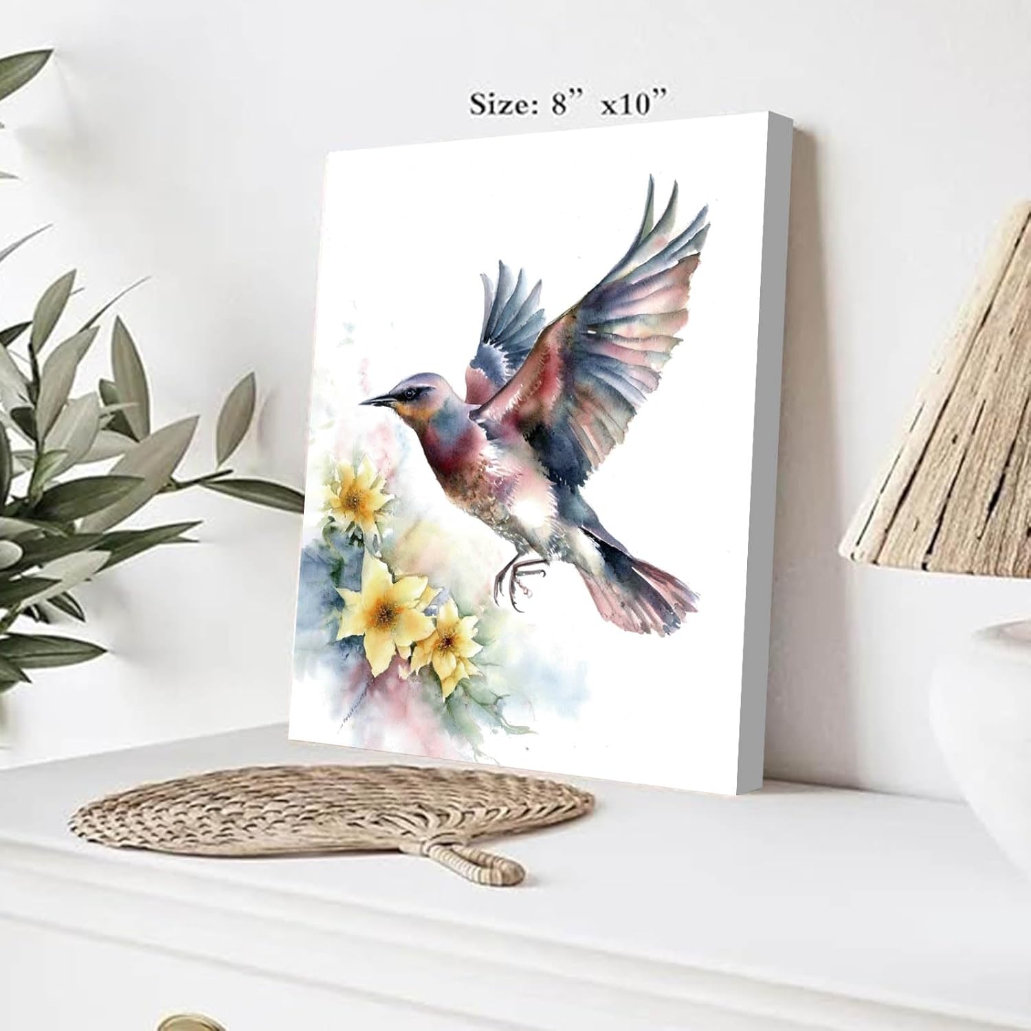 Framed Watercolor Bird Wall Art Set of 4, 8x10 inches Abstract Plants Flowers Birds Nature Canvas Prints for Bedroom Living Room Garden Pet Room Decor