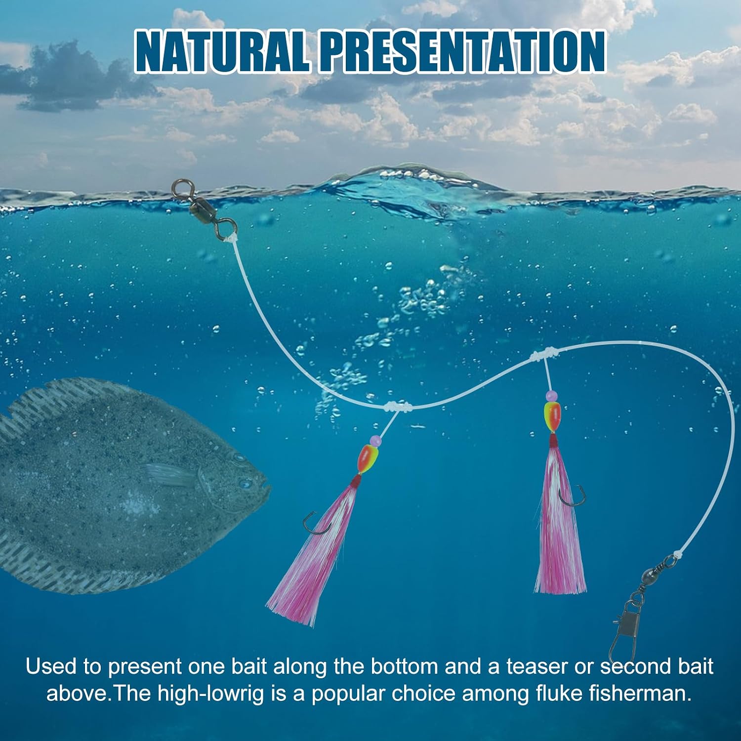 Flounder Rigs, Pr-Rigged Hi Lo Rig Fishing Rigs with Flash Teaser Pompano Rigs Float for Fluke Sea Bass Scup Tautog