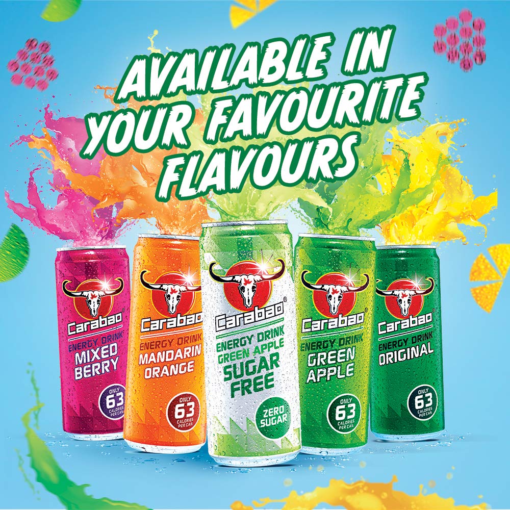 Carabao Energy Drink Sugar Free Green Apple, 12 x 330ml Can Case, Zero