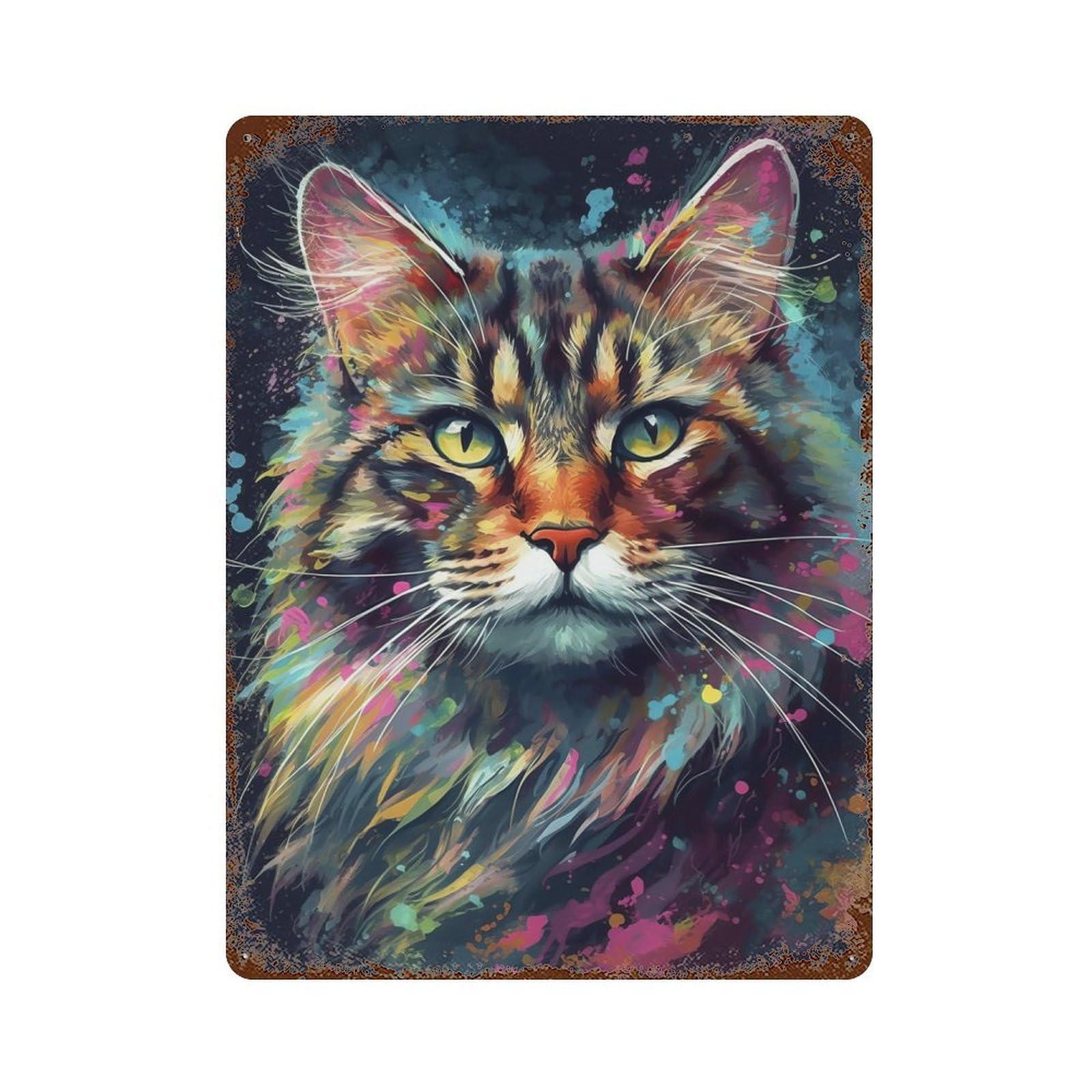 Weathered Tin Sign with Siberian Cat Painting Design 15.7"x11.8", for Basement, Hobby Room And Garage Decor, Industrial Home Decor