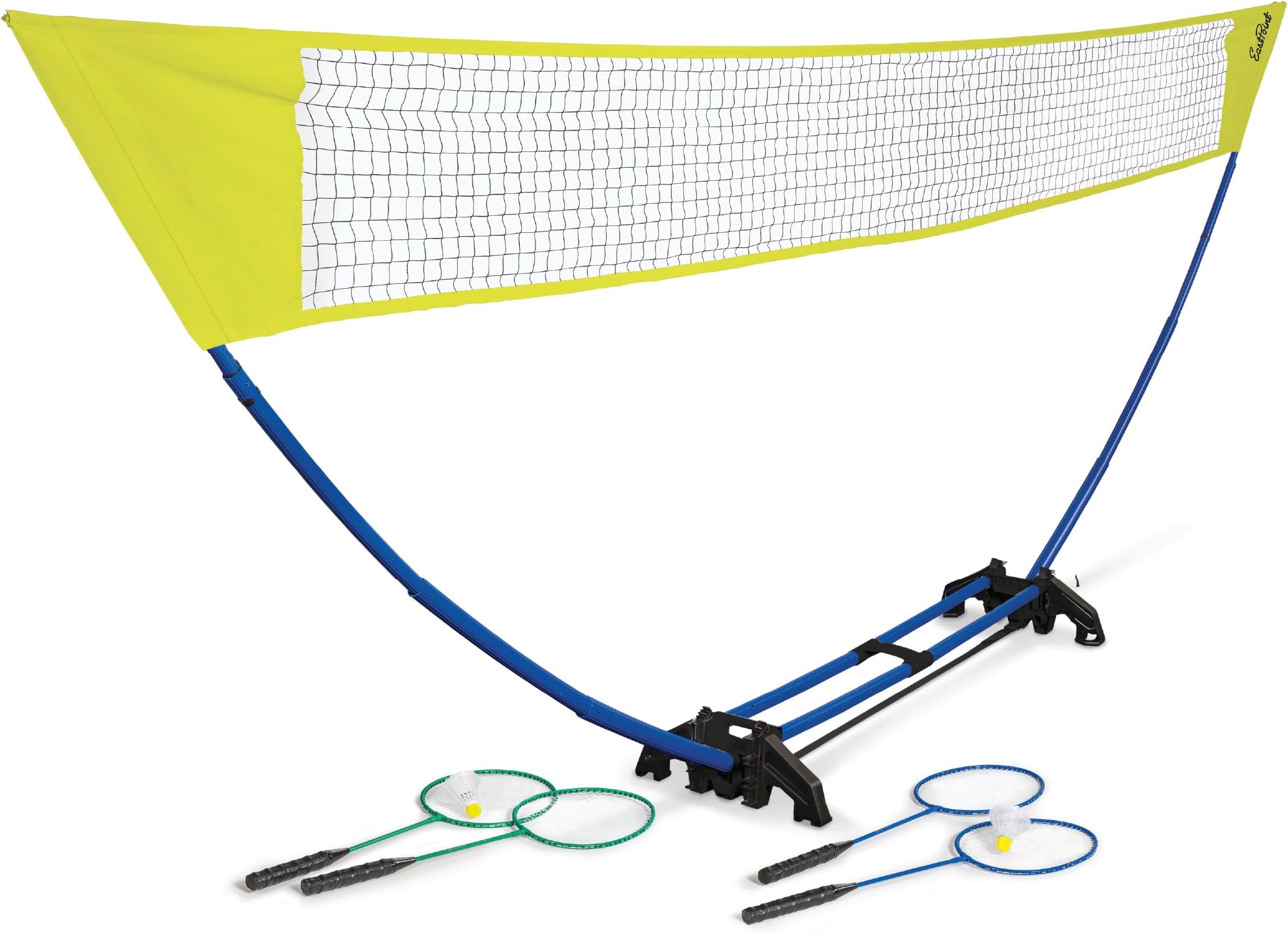 EastPoint Easy Setup Badminton Set - 15 ft Net, 4 Rackets, 2 Shuttlecocks - Quick Setup Net for Backyard Games - Steel Shaft Badminton Rackets for Family Games - Durable Shuttlecocks for Outdoors
