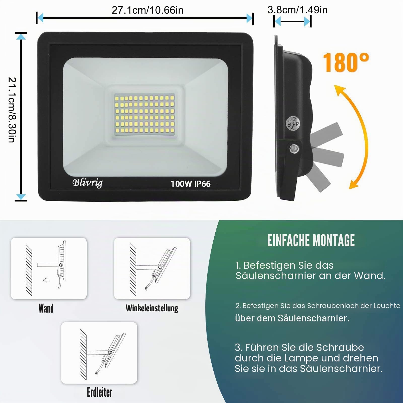 LED Strahler Außen 100W, LED Scheiwerfer 6000K Kaltweiß 10000LM | 120° Abstrahlwinkel, Superhell, Energieeffizient, IP66 Wasserdicht, Großer Beleuchtungsbereich für Außen Gärten Hof Garage