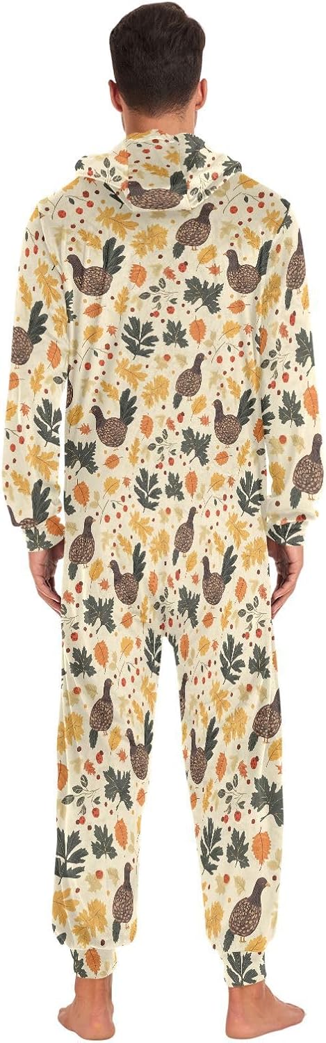 Fall Leave Thanksgiving Day Zipper Hooded Adult Jumpsuit Pajamas with Pockets XS-3XL