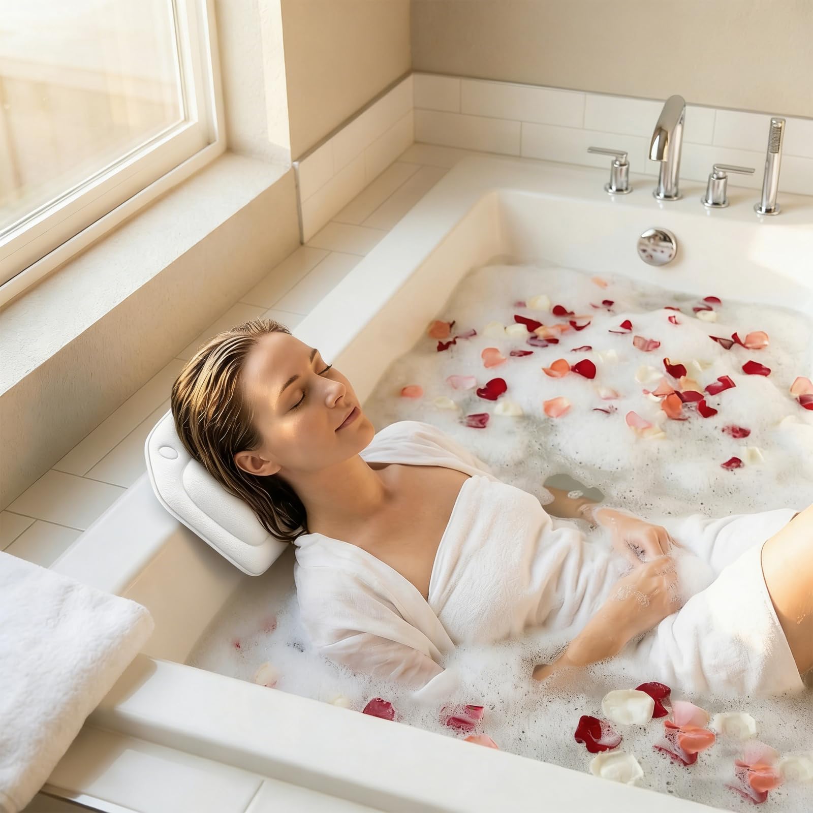 Cojín para Bañera de SPA, Almohada Ergonómica con Ventosas, Acolchado de Espuma Suave para Cabeza y Cuello, Reposacabezas de Baño de Lujo para Relajación Total (Blanco)