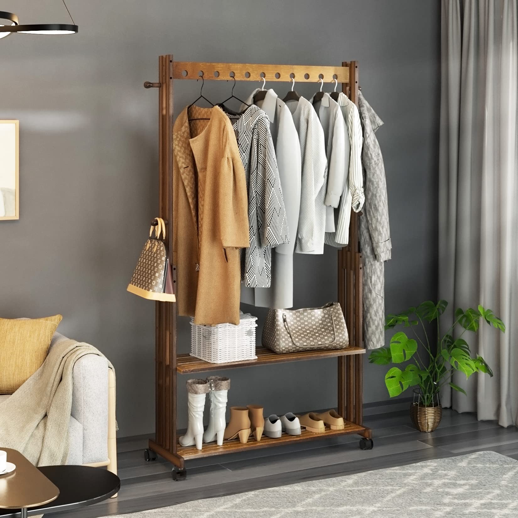 Wooden Clothes Hanger Rail: Heavy Duty Clothes Rail stand Bamboo Clothing Rack Wheels Clothes Rail Stand with Wheels Coat Rack on Wheels with 2 Tier Shelves for Bedroom, Living Room