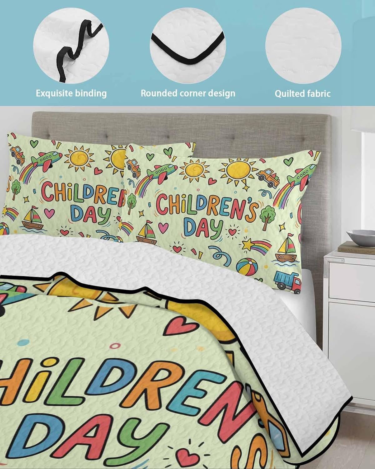 Sage Green Children's Day Summer Quilt Set Full Size,Soft Quilted Bedding Set with 2 Pillow Shams,Car Tree Stars Modern Abstract Art Lightweight All Season Bedspread Coverlet for Bedroom 78"x90"