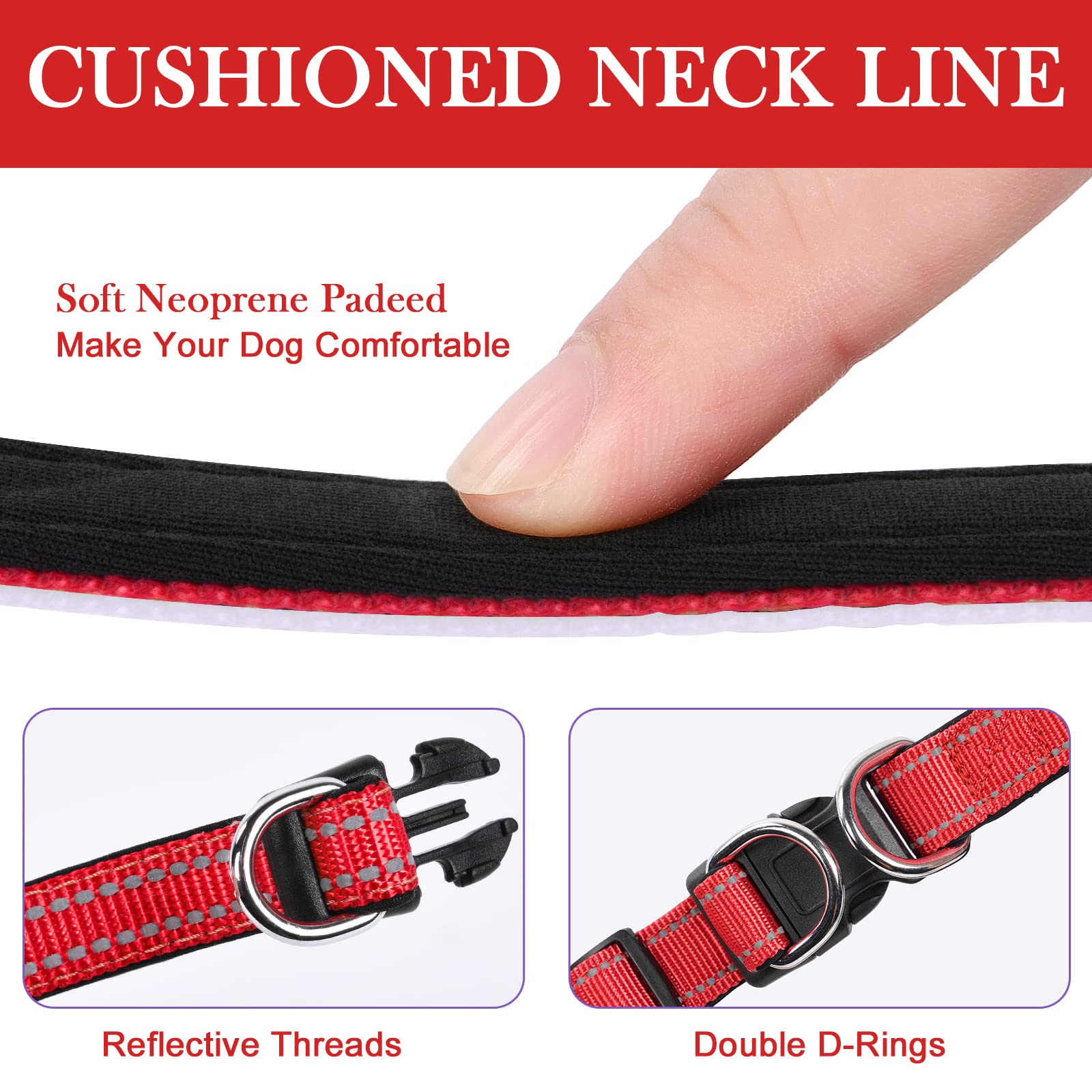 AUAUY Collare Cane, Collare per Cani in Nylon Riflettente, Regolabile Collari, Anello Doppia D, Fibbia Staccabile, Morbido e Imbottito, per Cani di Taglia Piccola, Media e Grande (Rosso-L)