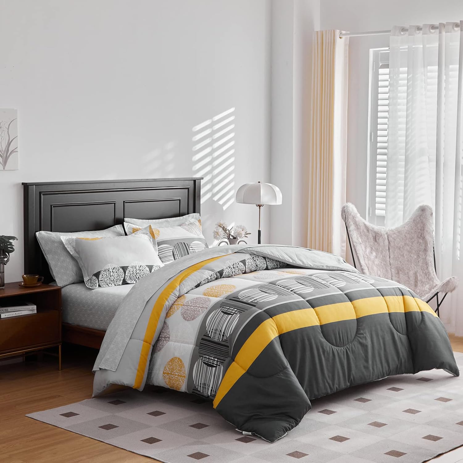Stripes Bed in a Bag King Size 7 Pieces Black Gray Yellow Comforter Sheet Set with Circles Soft Breathable Bed Comforter Set (1 Comforter 2 Pillow Shams 1 Flat Sheet 1 Fitted Sheet 2 Pillowcases)
