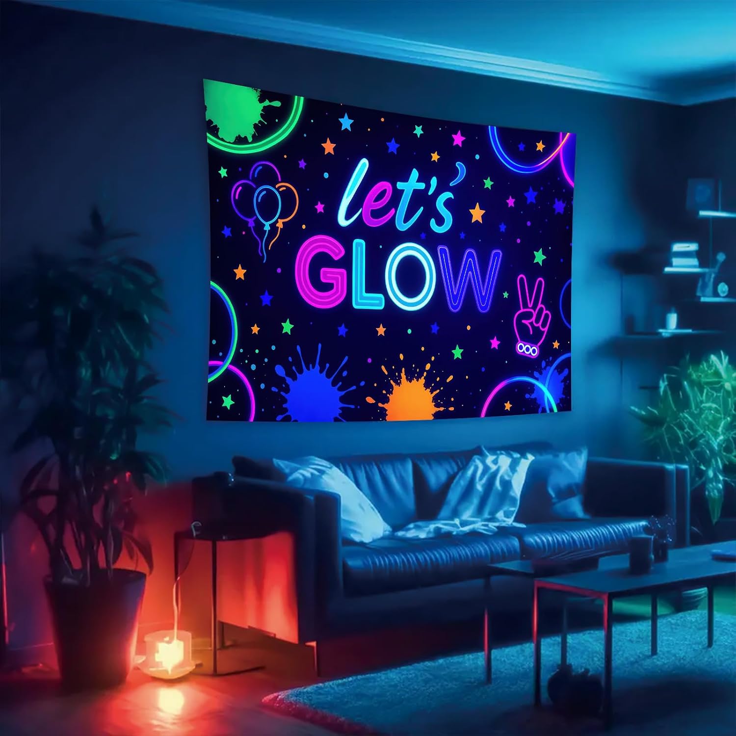 Starlit Patio Let's Glow Tapestry Blacklight UV Reactive Wall Decor Neon Glow Party Fluorescent Trippy Banner 78 x 59 Inch for Birthday DJ Event Dance Room Teen Kids Gaming Room image 5