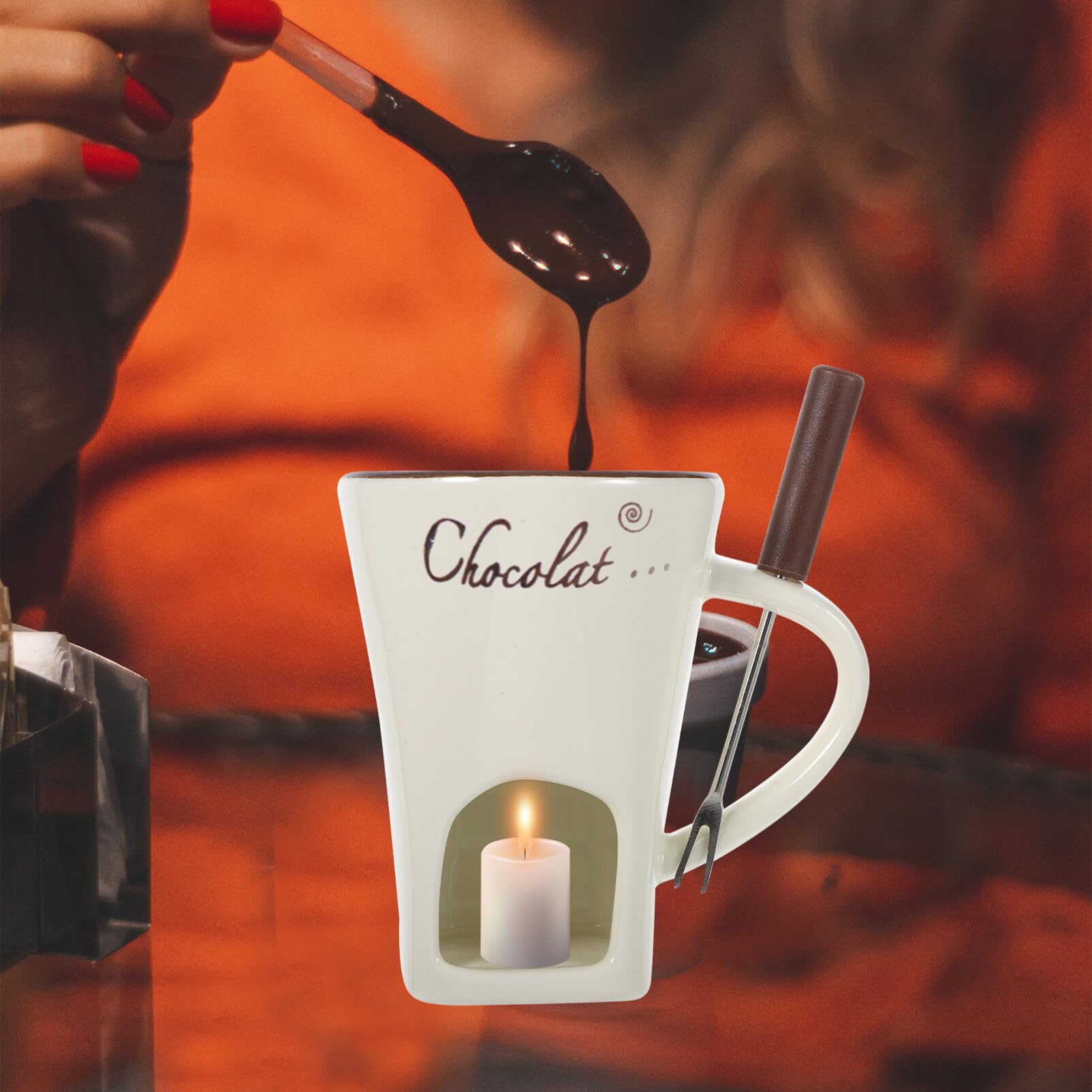 Set Tazze Fonduta Cioccolato In Ceramica - Con Forchette E Candela, Per Formaggio E Cioccolato