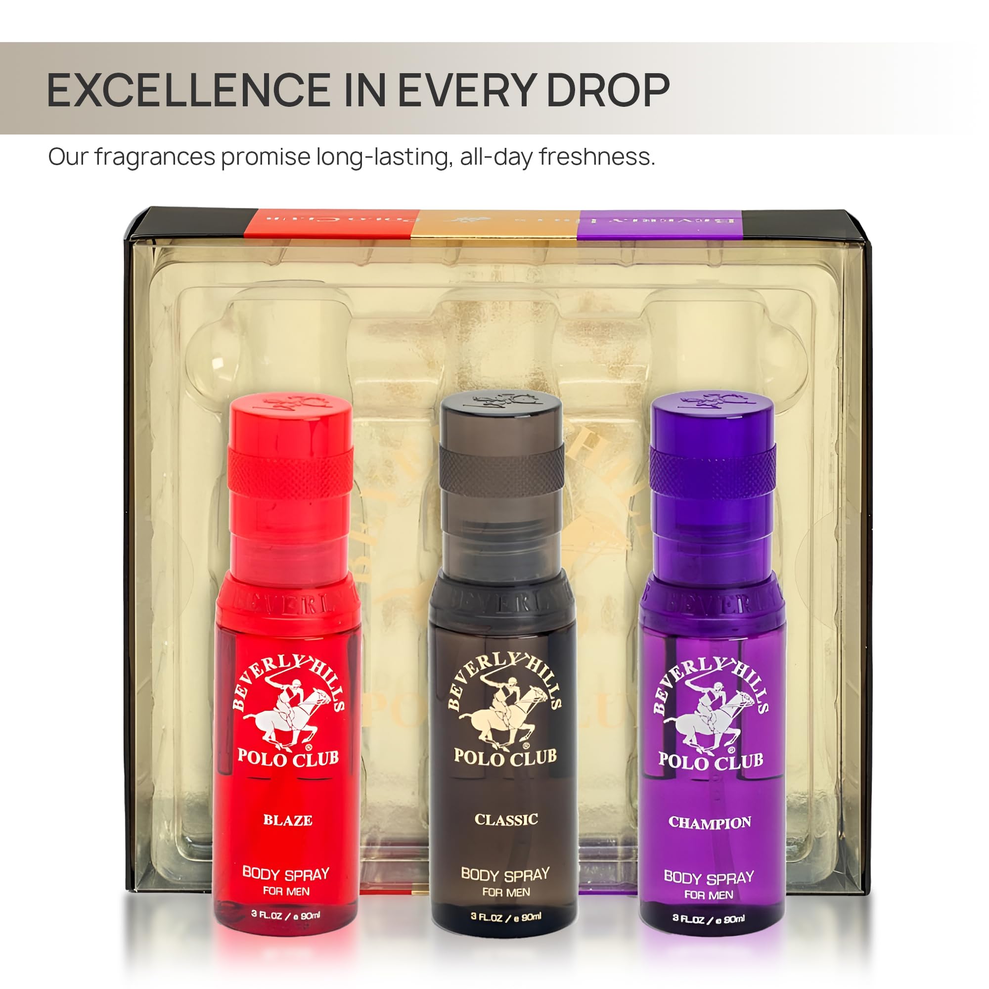 Beverly Hills Polo Club Men's Body Spray Collection Gift Set Featuring Luxury Designer Cologne Scents for Long Lasting Freshness BHPC 3 oz 3 Count (Gold)