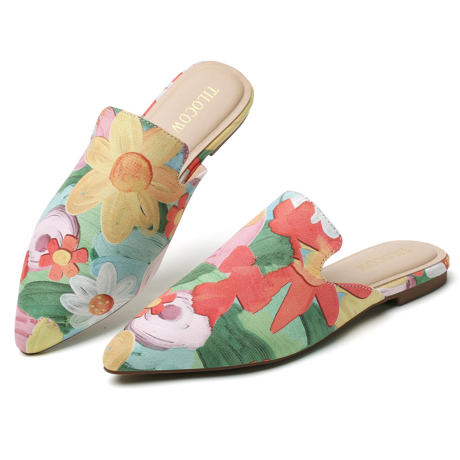 Tilocow Mules for Woman Comfortable Pointed Toe Backless Loafers Flat Mule Business Casual Shoes Slides Slip on