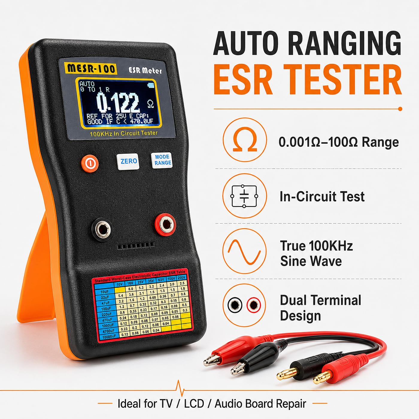 MESR-100 Digitales ESR Messgerät, Automatische Bereichswahl 0,001R Bis 100R Schaltung Widerstand/Kapazitätstester Ohmmeter Hintergrundbeleuchtung Doppelanschluss, Für Reparatur Tv/Lcd/Audioplatine