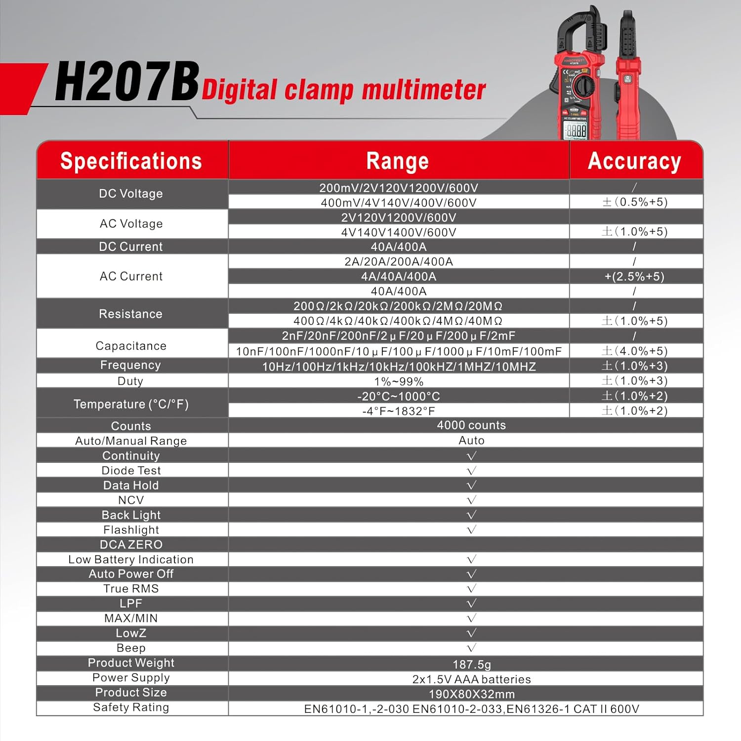 Table of specifications for HABOTEST HT207B including ranges and accuracy for various measurements like DC Voltage, AC Voltage, DC Current, AC Current, Resistance, Capacitance, Frequency, Duty, Temperature, Counts, Auto/Manual Range, Diode Test, Data Hold, NCV, Back Light, Flashlight, DCA ZERO, Auto Power Off, True RMS, LPF, MAX/MIN, LowZ, Beep, Product Weight, Power Supply, Product Size, Safety Rating