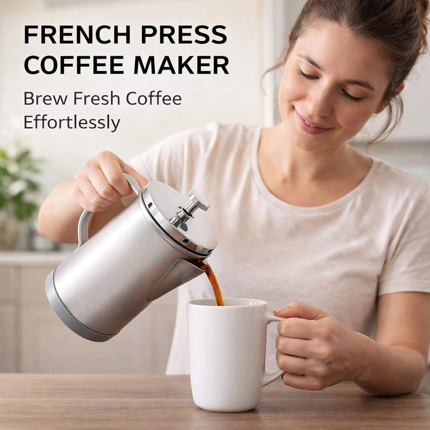 French Press Coffee Maker 304 Stainless Steel, 1000ml Portable Silver Pot - Durable Borosilicate Glass, Multi - Function Tea and Coffee Brewer for Travel (Silver)