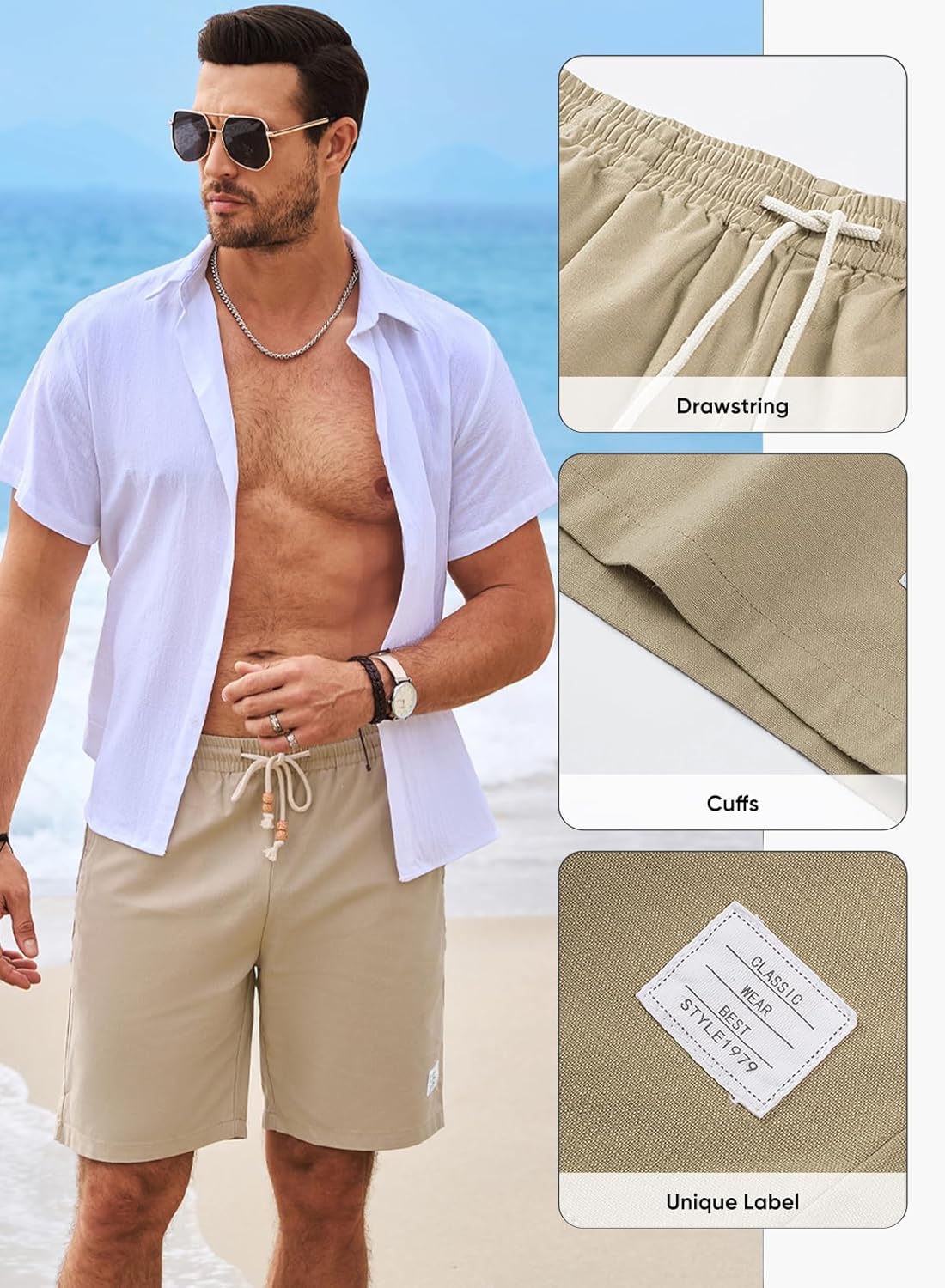 JMIERR Mens Shorts Linen Cotton 7" Casual Elastic Waist Drawstring Lightweight Summer Beach Shorts with Pockets - Image 2
