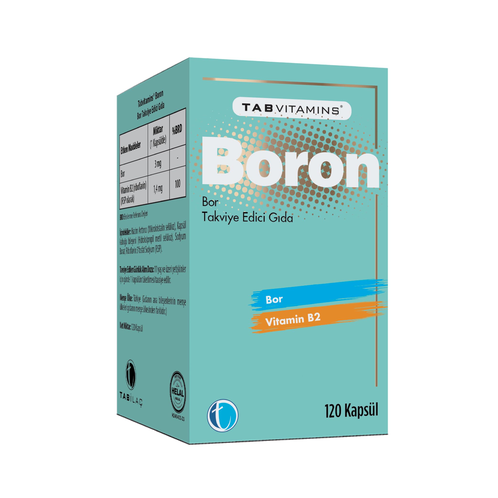 TABVITAMINS Boron 120 Bitkisel Kapsül Bor 3 mg Vitamin B2