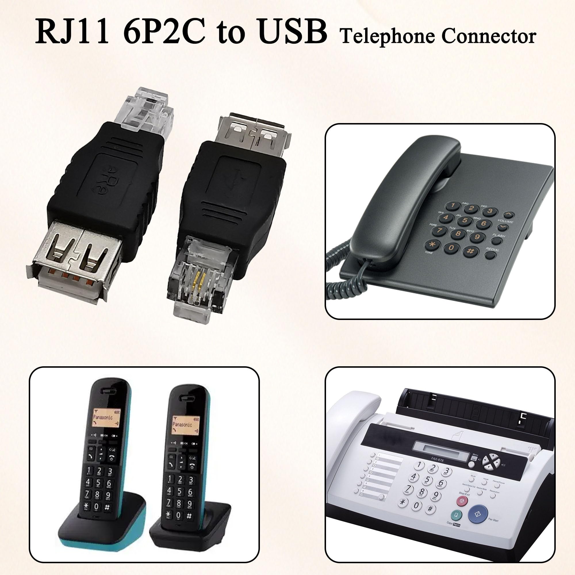 QIANRENON Wtyczka RJ11 do gniazda USB do telefonów złącze RJ11 6P2C wtyczka do gniazda USB A kabel telefoniczny adapter 2pin RJ11/USB do telefonu interfejs testowy, do telefonów faksowych, 2 szt