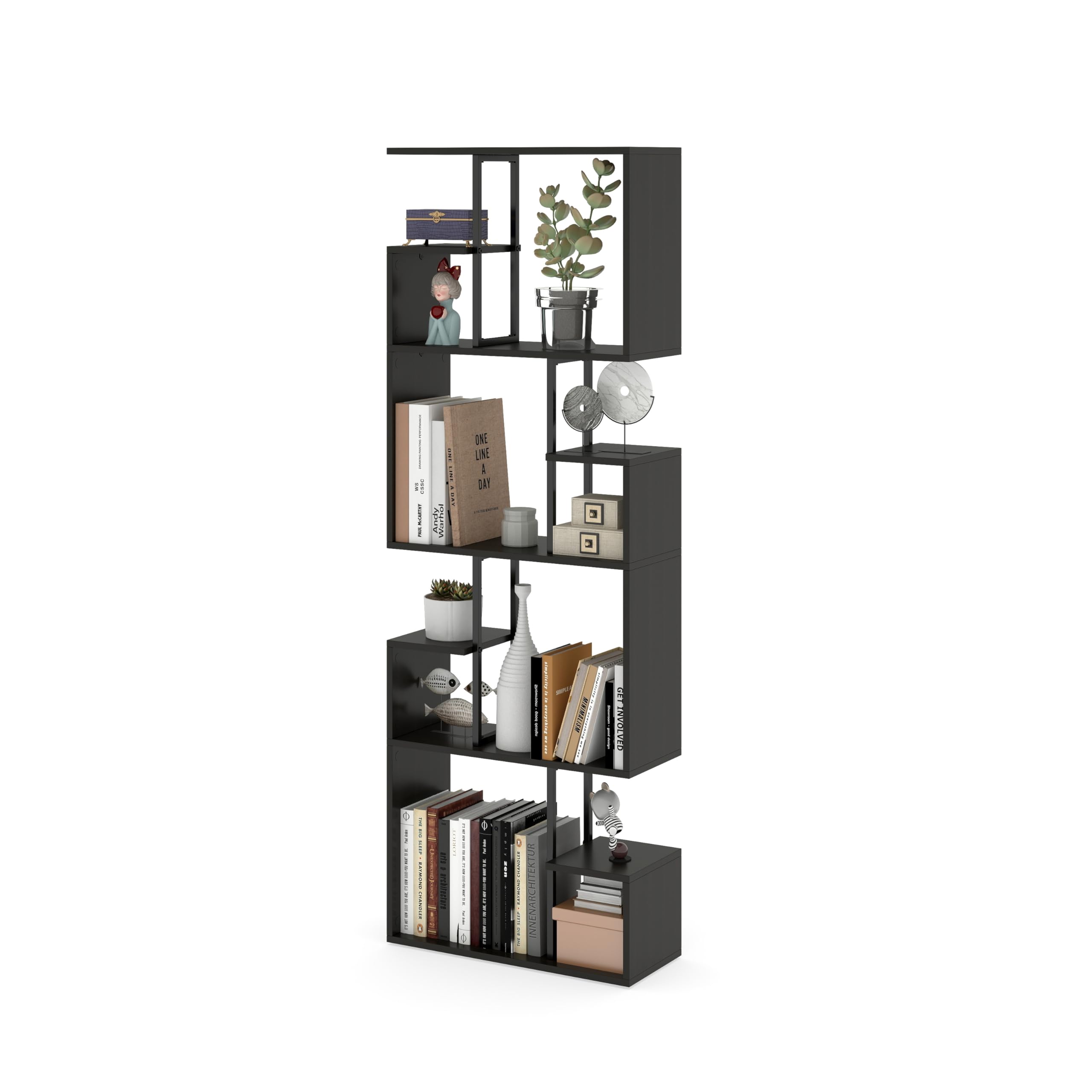 Manora Librería Estanteria con Almacenamiento, Librería En Forma De S De 4 Niveles, Estantes para Salón, Dormitorio, Estudio, 60 x 24 x 174cm, Negro y marrón (Negro y marrón, 60 x 24 x 174cm, 4)