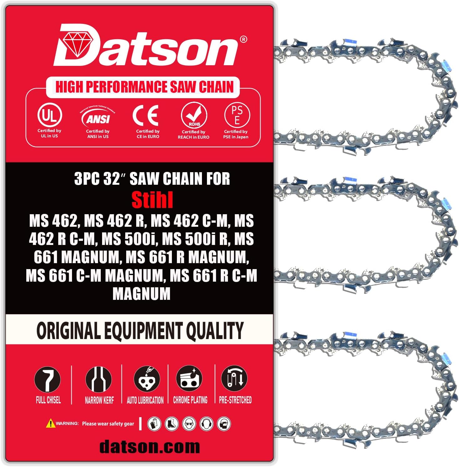 32 Inch Chainsaw Chain For Stihl MS 462, MS 462 R, MS 462 C-M, MS 500i, MS 661 MAGNUM, MS 661 R MAGNUM, MS 661 C-M MAGNUM, MS 661 R C-M MAGNUM(3 Chains) - Full Chisel