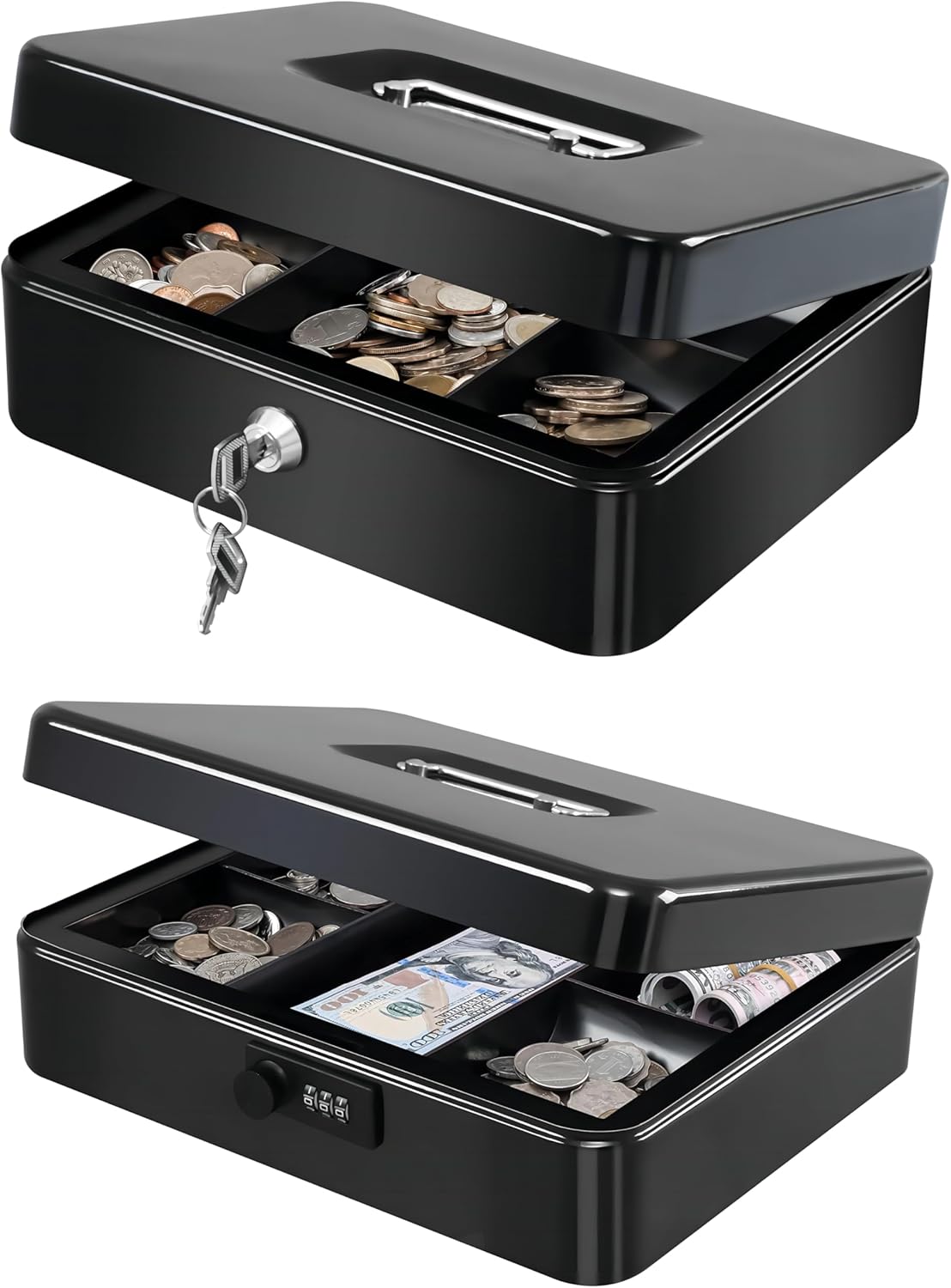 KYODOLED Cash Box with Money Tray and Lock, Secure Cash Box, Steel, Key Lock, Black