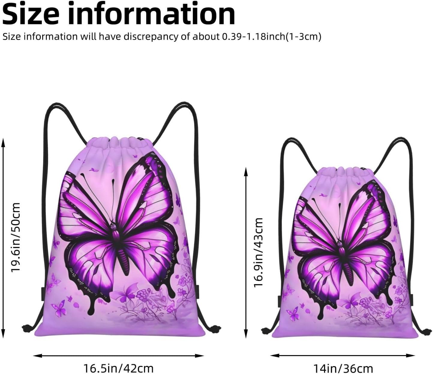 Purple Butterfly Foldable drawstring backpack, lightweight storage bag - large-capacity fitness travel bag image 3