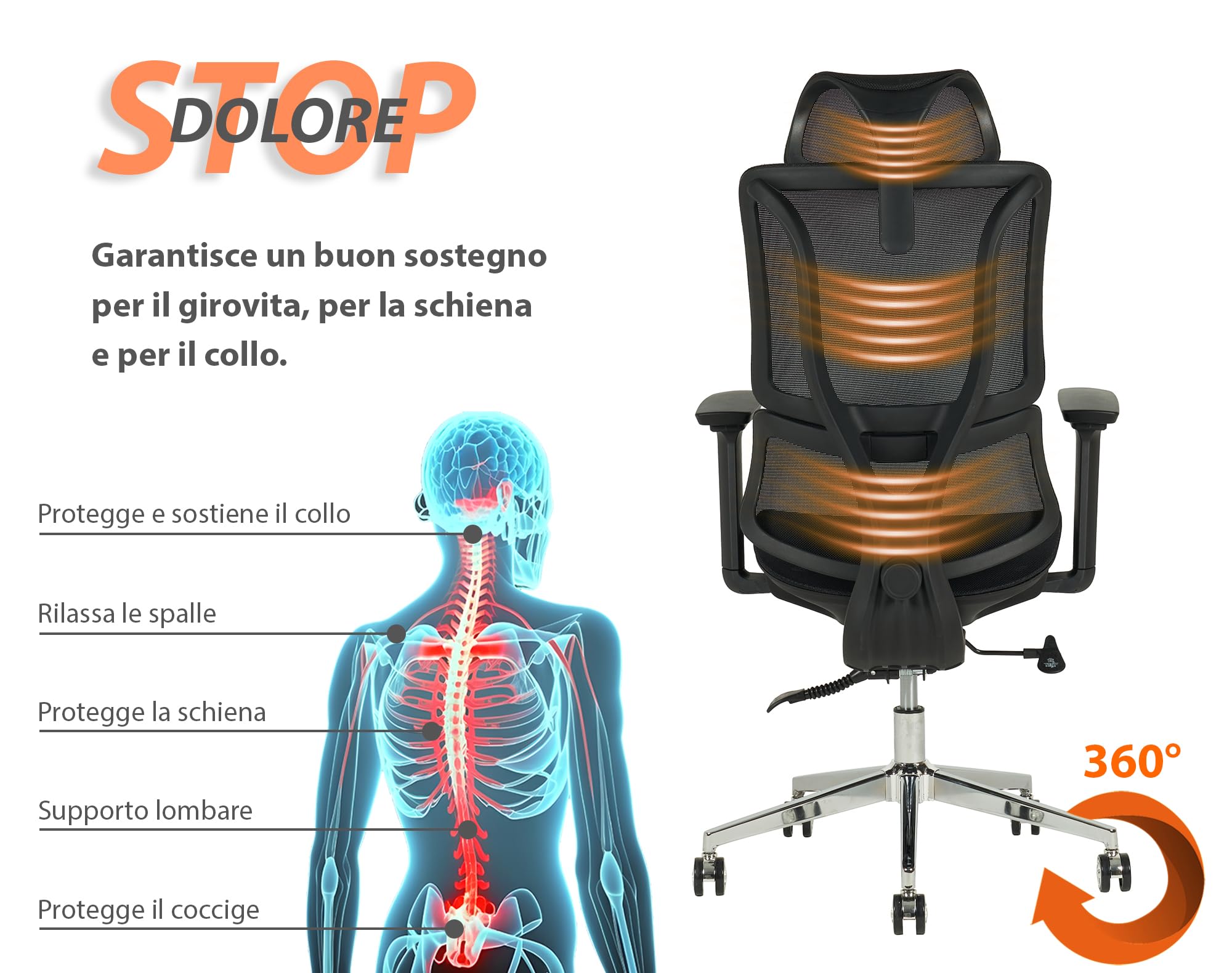 IlGruppone Sedia Ufficio Ergonomica Professionale Schienale Alto in Rete Gaming Poltrona Direzionale Altezza Regolabile Portata 150 kg con Supporto Lombare e Braccioli Regolabili - Nero