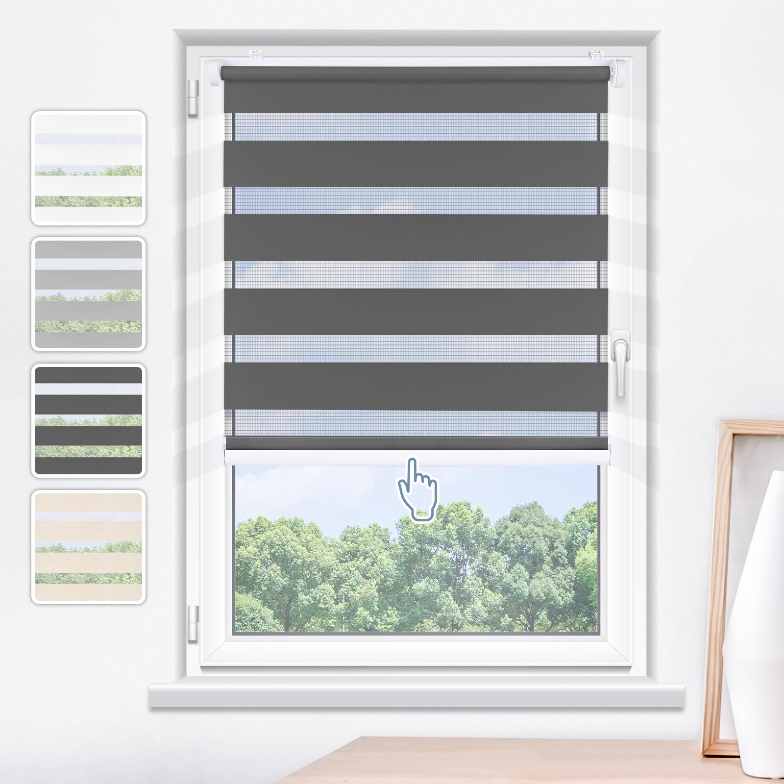 Roleta na dzień i noc bez łańcuszka, podwójna tkanina, roleta na dzień i noc, bez wiercenia, akcesoria instalacyjne w zestawie do okna lub drzwi, 90 szer. x 150 cm, ciemnoszara